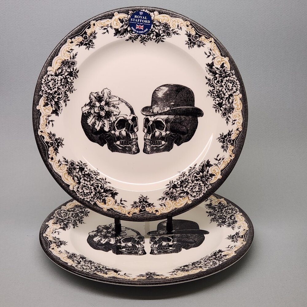 Set of 2 Dinner Plates - Royal Stafford Skulls & Roses Halloween China Dishes